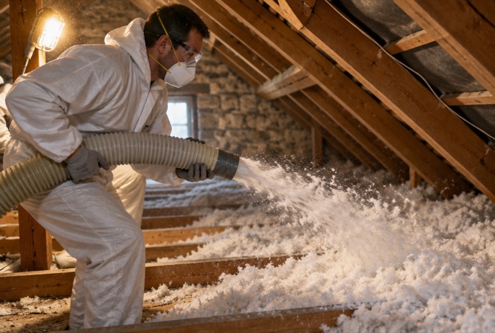 Artisan soufflant de l'isolant dans des combles