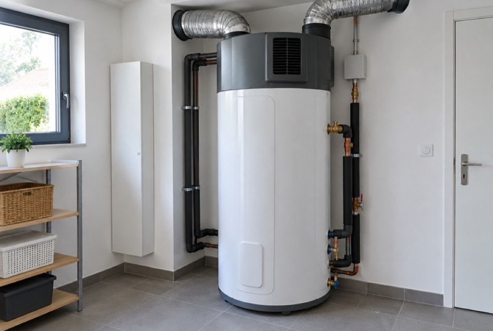 Chauffe-eau thermodynamique installé dans une buanderie