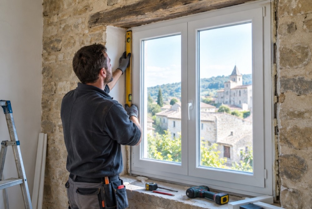 Artisan posant une fenêtre à double vitrage
