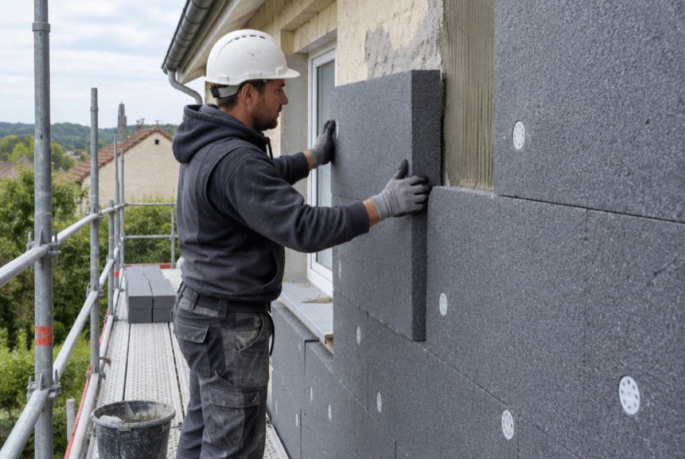 Ouvrier posant des panneaux isolants sur une façade